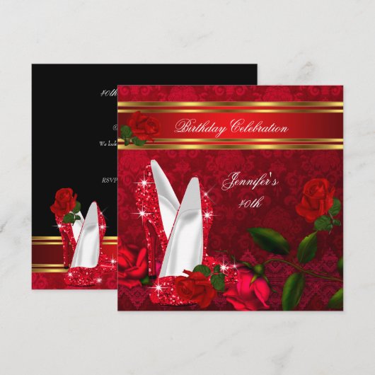 Eleganter High Heels Rote Rose Black Gold Geburtst Einladung (Vorne/Hinten)