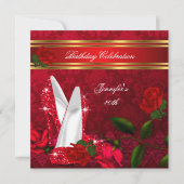 Eleganter High Heels Rote Rose Black Gold Geburtst Einladung (Vorderseite)