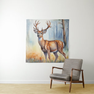 Eleganter Hirsch in goldenem Licht Waldlandschaft Wandteppich