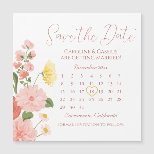 Eleganter Hochzeitkalender der Blume Save the Date Magnetkarte (Vorderseite)