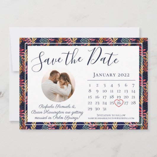Eleganter Hochzeitkalender für das tropische Leaf Save The Date (Vorderseite)