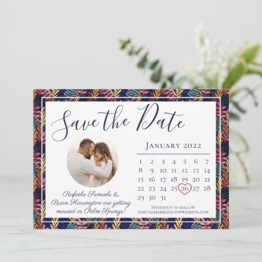 Eleganter Hochzeitkalender für das tropische Leaf Save The Date (Stehend Vorderseite)