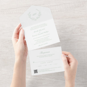 Eleganter Hochzeits-QR-Code mit Salbeigrünem Kranz All In One Einladung