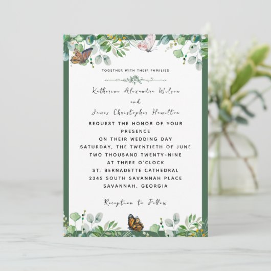 Eleganter Hochzeitssessel Blau-Blütenschmetterling Einladung (Stehend Vorderseite)