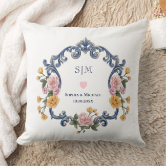 Eleganter Hochzeitsstil Blaues Monogramm und Flora Kissen
