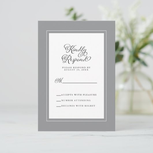 Eleganter Hochzeitstil, grau und weiß RSVP Karte (Stehend Vorderseite)