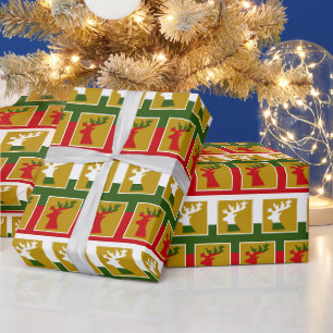 Eleganter Holiday Rentier in Gold Green Red & Whit Geschenkpapier