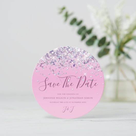 Eleganter holografischer Funkelnd Glitzer Modernes Save The Date (Stehend Vorderseite)