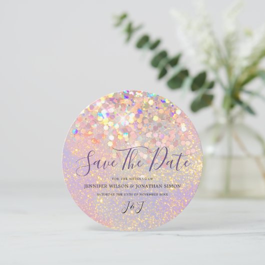 Eleganter holografischer Funkelnd Glitzer Modernes Save The Date (Stehend Vorderseite)