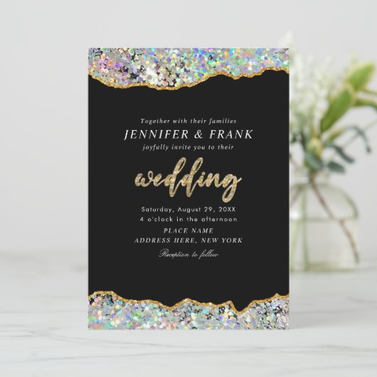 Eleganter holografischer Glitzer Agate Black Moder Einladung (Stehend Vorderseite)