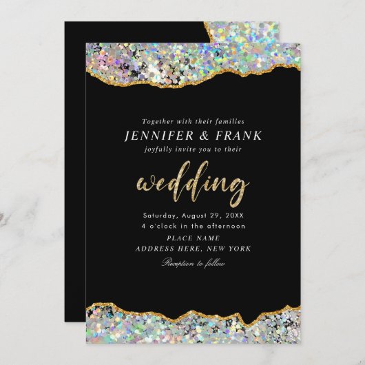 Eleganter holografischer Glitzer Agate Black Moder Einladung (Vorne/Hinten)
