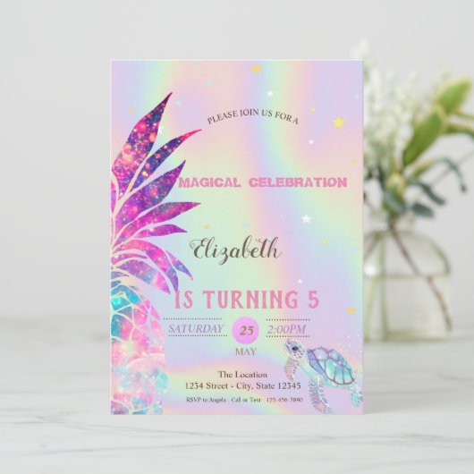 Eleganter holografischer Glitzer Ananas Einladung (Stehend Vorderseite)