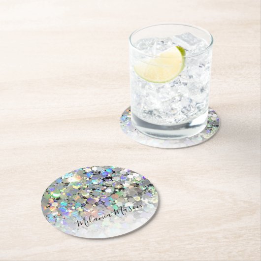 Eleganter holografischer Glitzer Custom Modern Runder Pappuntersetzer (Vor Ort)