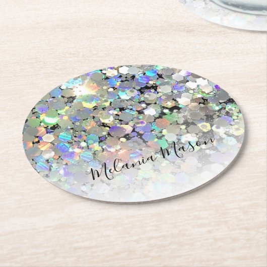 Eleganter holografischer Glitzer Custom Modern Runder Pappuntersetzer (Angewinkelt)