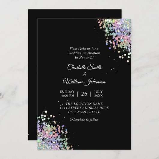 Eleganter holografischer Glitzer Moderner Schwarz Einladung (Vorne/Hinten)