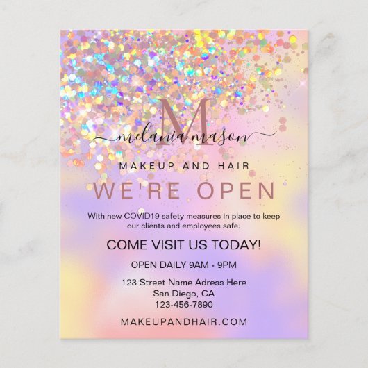 Eleganter holografischer Glitzer Wir sind Open Sal Flyer (Vorne)