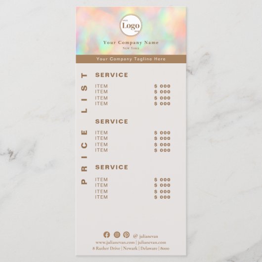 Eleganter Holographic Beautician Price List Servic Menükarte (Vorderseite)