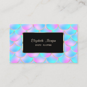 Eleganter Holographic Mermaid Scales Black Frame Visitenkarte