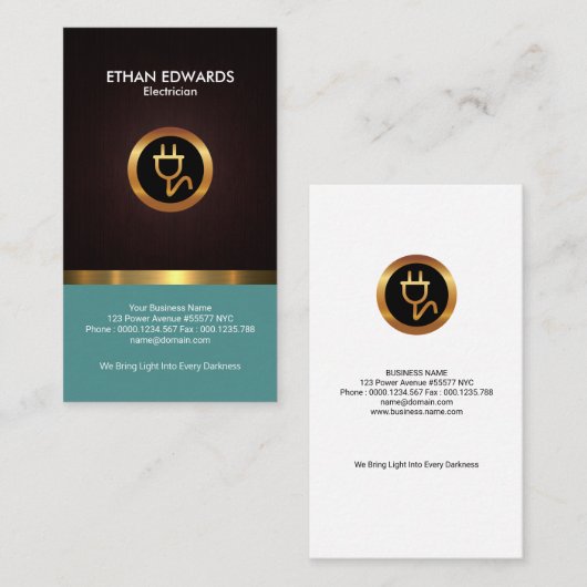 Eleganter Holzkörner Shiny Gold Stripe Electrician Visitenkarte (Vorne/Hinten)