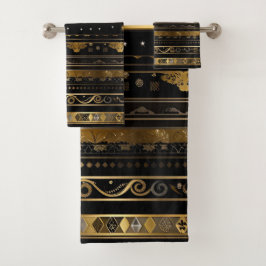 Eleganter, horizontal gestreifter Schwarz-Gold-Str Badhandtuch Set