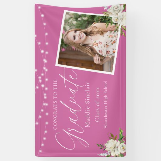 Eleganter Hot Pink Foto Floral Abschluss Banner (Vertikal)