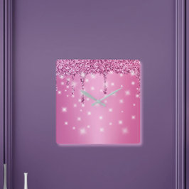 Eleganter Hot Pink Glitzer Tropfen Quadratische Wanduhr