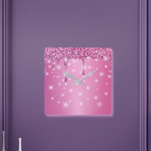 Eleganter Hot Pink Glitzer Tropfen Quadratische Wanduhr