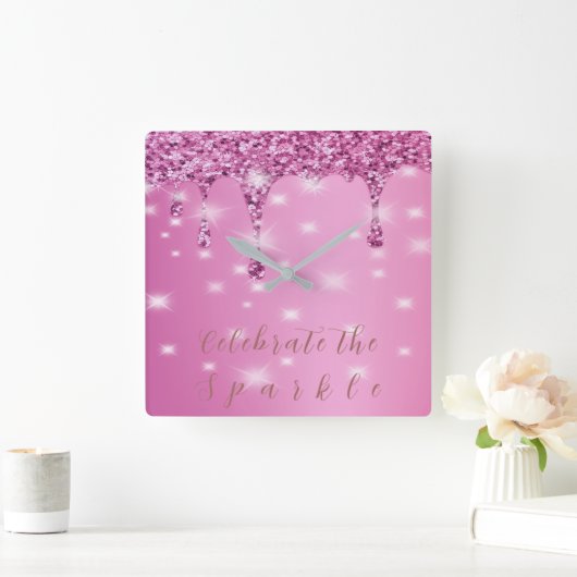 Eleganter Hot Pink Glitzer Tropfen Quadratische Wanduhr (Zuhause)