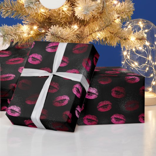 Eleganter Hot Pink und Schwarzer Glitzer Lipstick Geschenkpapier (Feiertage)