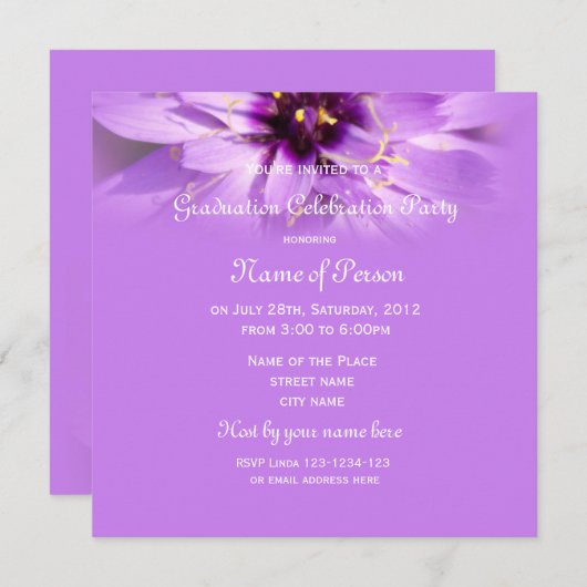 Eleganter, hübscher lila Blume Abschluss Einladung (Vorne/Hinten)