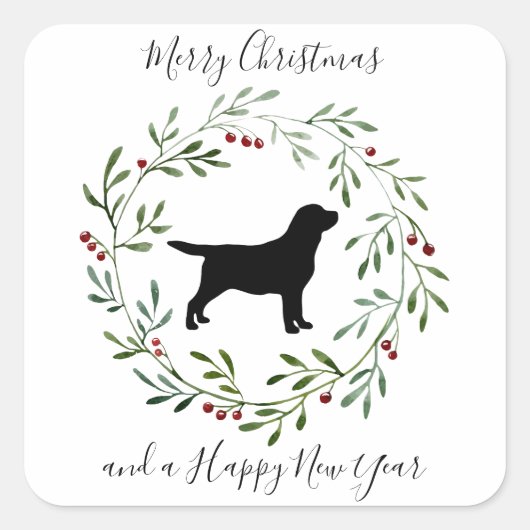 Eleganter Hund Frohe Weihnachtsrappe Black Labrado Quadratischer Aufkleber (Vorderseite)