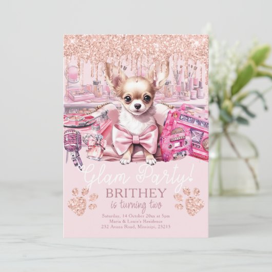 Eleganter Hund Glitzer Glam Birthday Einladung (Stehend Vorderseite)