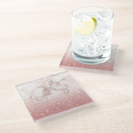 Eleganter Imitat-Rosen-GoldGlitzer weißes Glasuntersetzer (Schrägansicht)