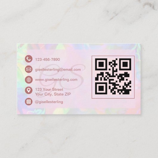 Eleganter Iridescent Opal Stone Rose Script QR Cod Visitenkarte (Rückseite)