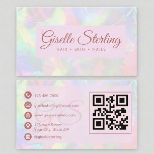 Eleganter Iridescent Opal Stone Rose Script QR Cod Visitenkarte