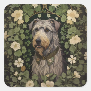 Eleganter Irish Wolfhound mit Kleeblättern Quadratischer Aufkleber