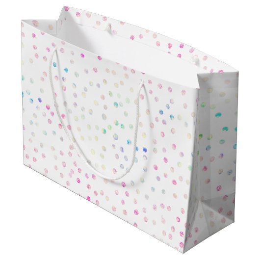 Eleganter, irrisierender Glitzer Dots White Design Große Geschenktüte (Rückseite Schrägansicht)