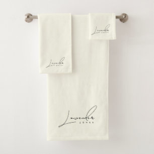 Eleganter Ivory Minimalist Schriftname Badhandtuch Set