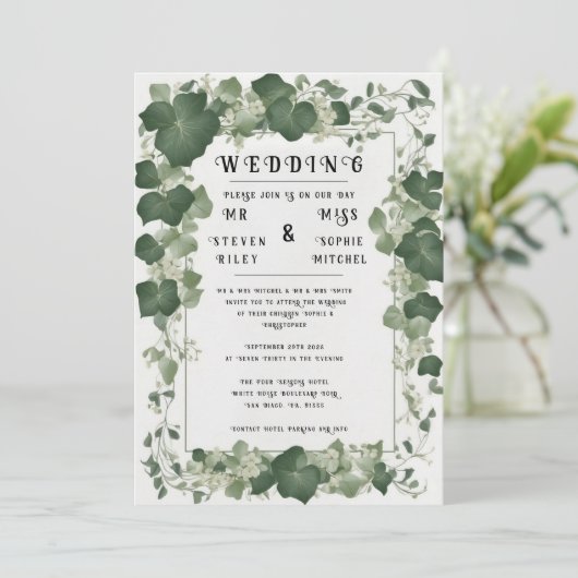 Eleganter Ivy Wedding Table Plan und Einladungen (Stehend Vorderseite)