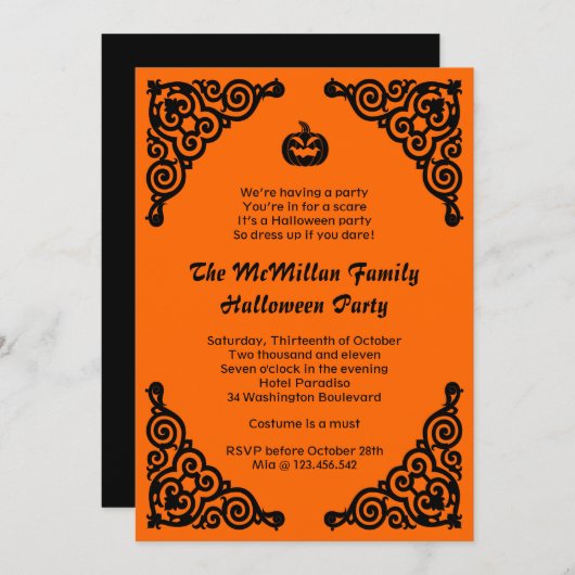 Eleganter Jack O' Lantern Halloween KostümParty Einladung (Vorne/Hinten)