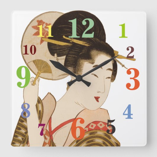 Eleganter japanischer Geisha mit Lüftermauer-Uhr Quadratische Wanduhr (Vorderseite)