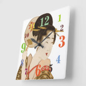 Eleganter japanischer Geisha mit Lüftermauer-Uhr Quadratische Wanduhr (Winkel)