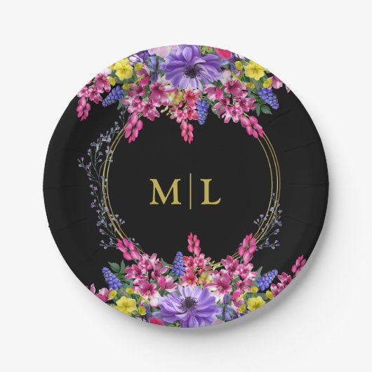 Eleganter Jeden Anlaß Monogram Black Multi Floral Pappteller (Vorderseite)