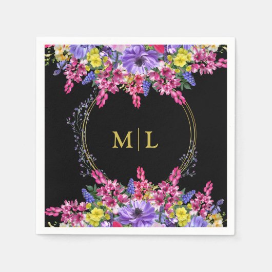 Eleganter Jeden Anlaß Monogram Black Multi Floral Serviette (Vorderseite)