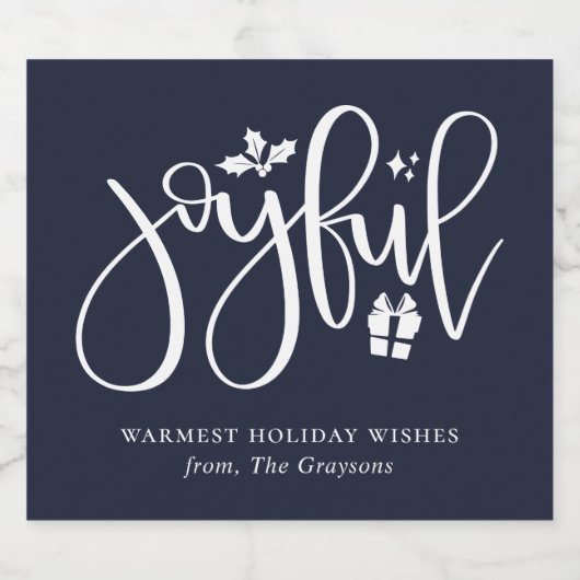Eleganter Joyful Script Navy Blue Holiday Schaumweinetikett (Einzelnes Label)