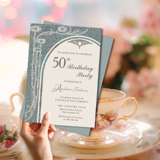 Eleganter Jugendstil Aquamarin & Silver Floral Geb Einladung