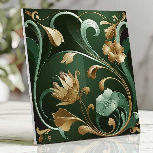 Eleganter Jugendstil Floral Smaragd und Gold Fliese