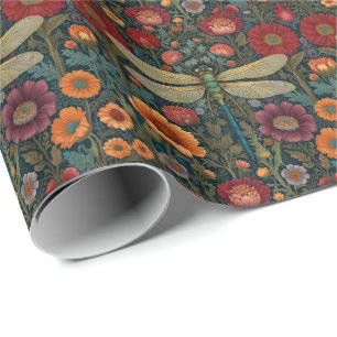 Eleganter Jugendstil Herbstblüten Libelle Geschenkpapier