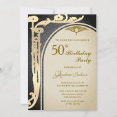 Eleganter Jugendstil Schwarz & Gold Flora Geburtst Einladung (Vorderseite)