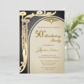 Eleganter Jugendstil Schwarz & Gold Flora Geburtst Einladung (Stehend Vorderseite)